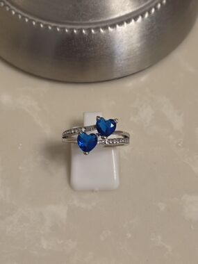 Silver CZ and Royal Blue Heart Ring Size 8